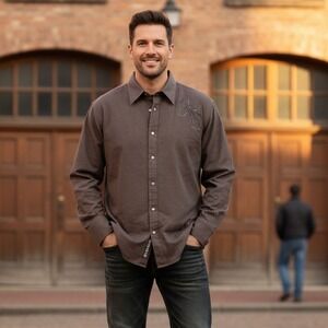 Cowboy Militia Button Up Men's 2XL Brown Striped Snap Embroidered Cross &‎ Guns